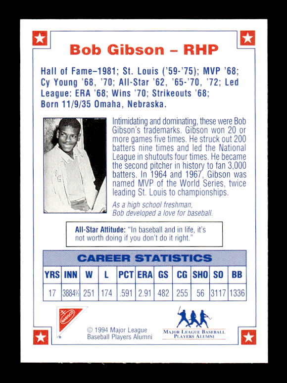 1994 Nabisco All-Star Autographs #1 Bob Gibson back image