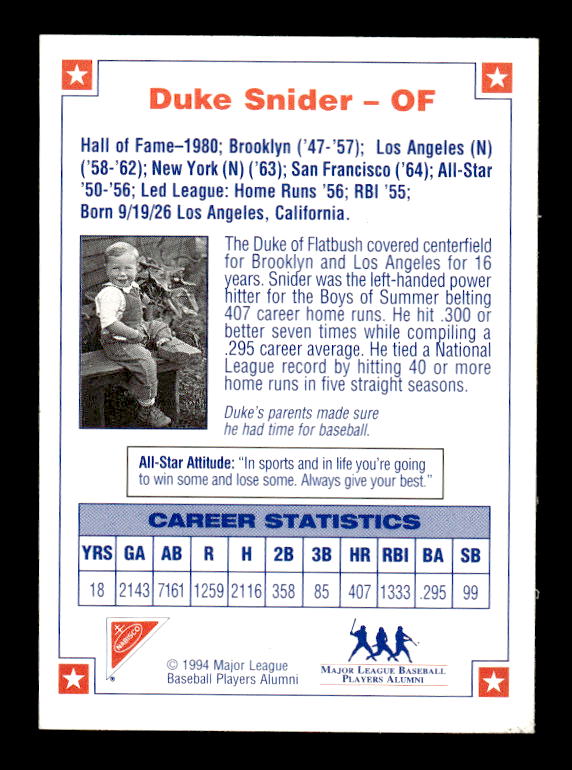 1994 Nabisco All-Star Autographs #4 Duke Snider back image