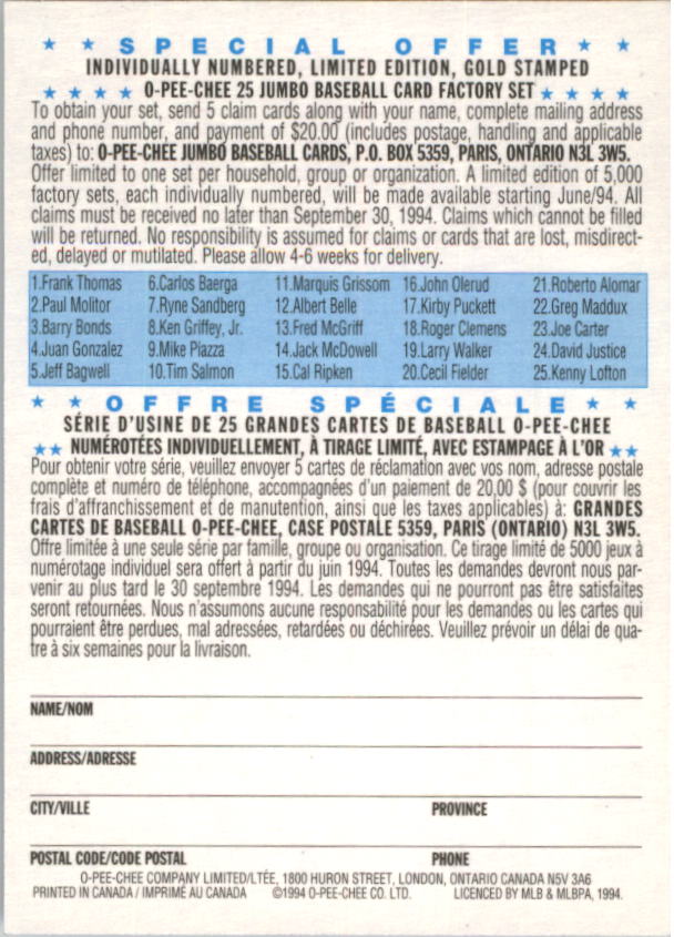 1994 O-Pee-Chee All-Star Redemptions #19 Larry Walker back image