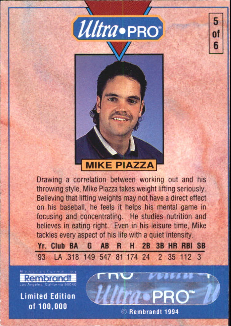 1994 Rembrandt Ultra-Pro Piazza #5 Mike Piazza/(In golf shirt,/dumbbell in hand) back image