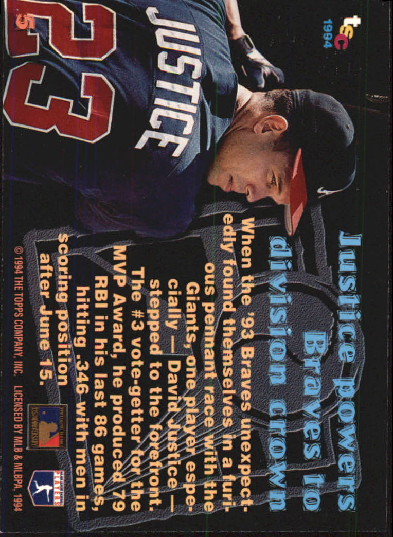 1994 Stadium Club Members Only 50 #5 David Justice back image