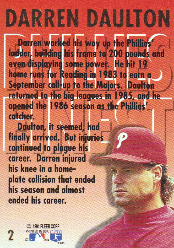 1994 Ultra Phillies Finest #2 Darren Daulton/(Swinging at a pitch) back image