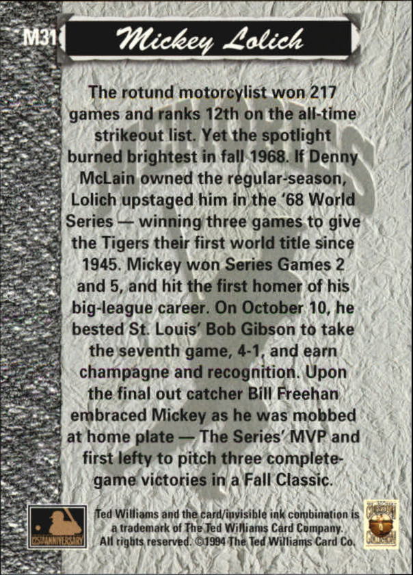 1994 Ted Williams Memories #M29 Norm Cash back image