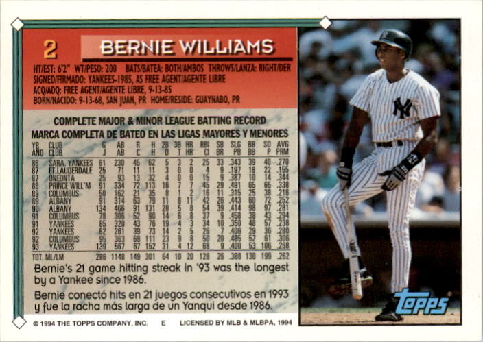 1994 Topps Spanish #2 Bernie Williams back image