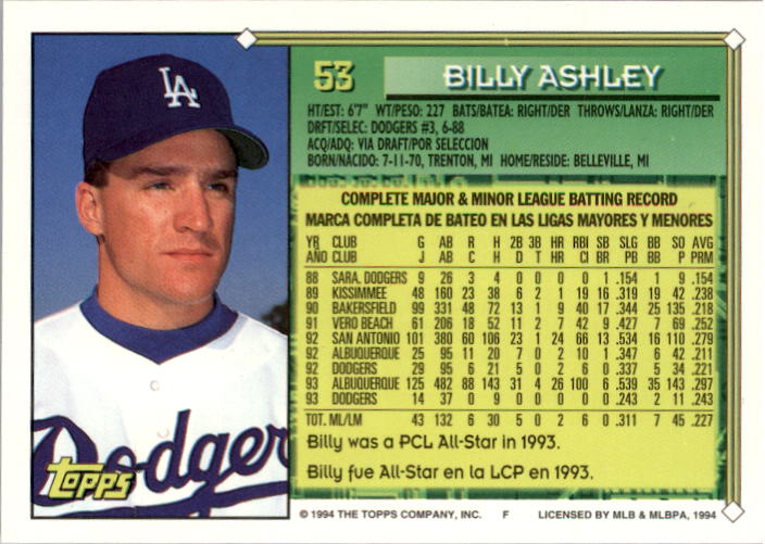 1994 Topps Spanish #53 Billy Ashley back image