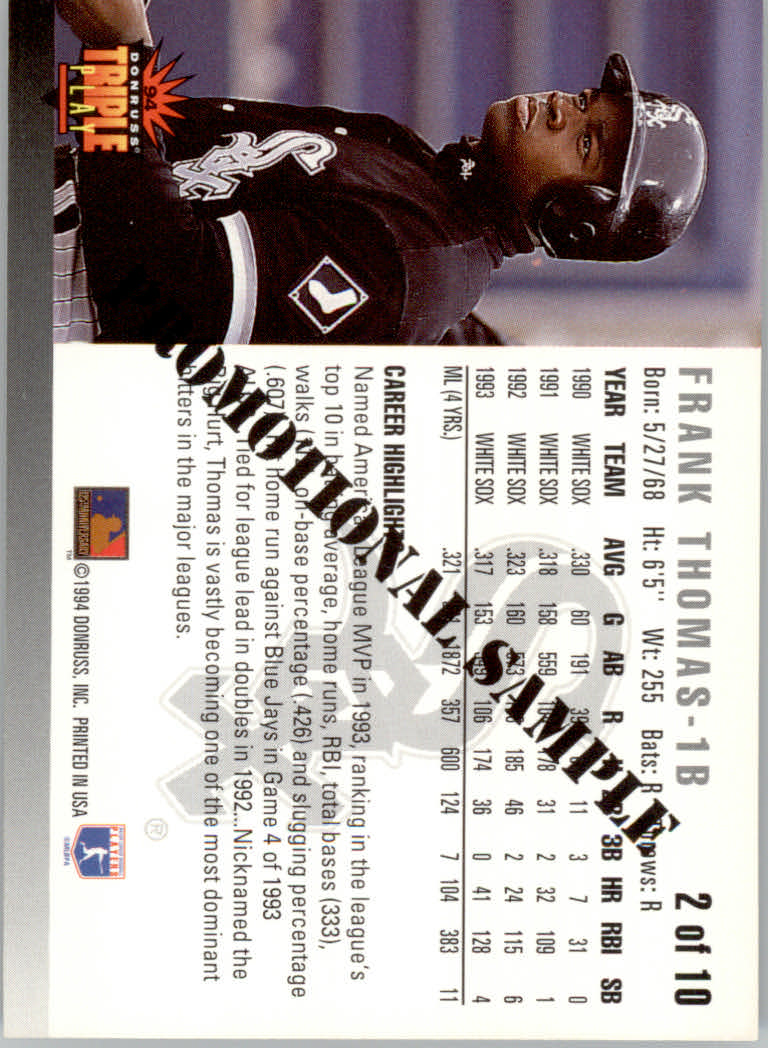 1994 Triple Play Promos #2 Frank Thomas back image