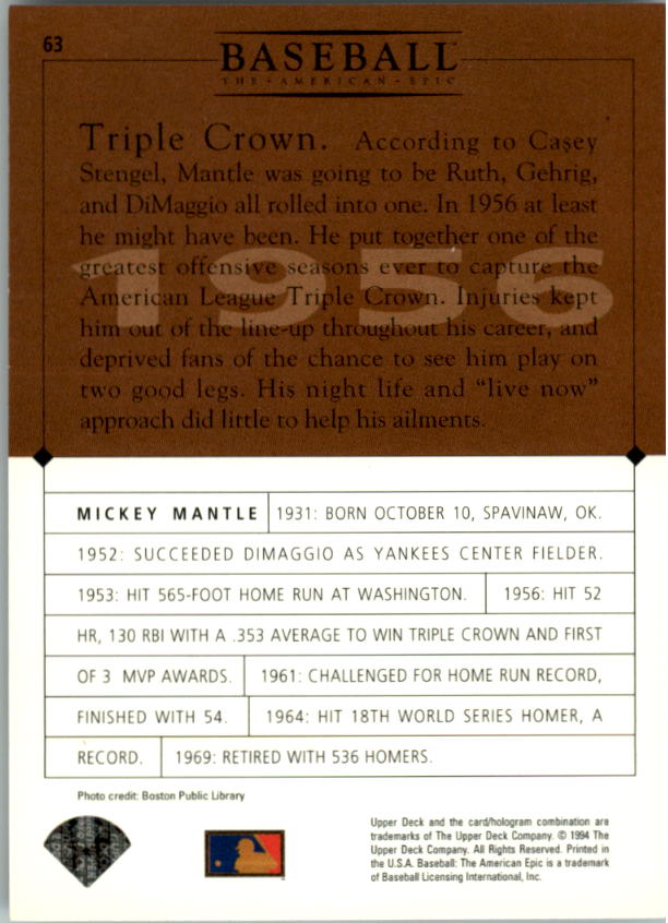 1994 Upper Deck: The American Epic #63 Mickey Mantle back image