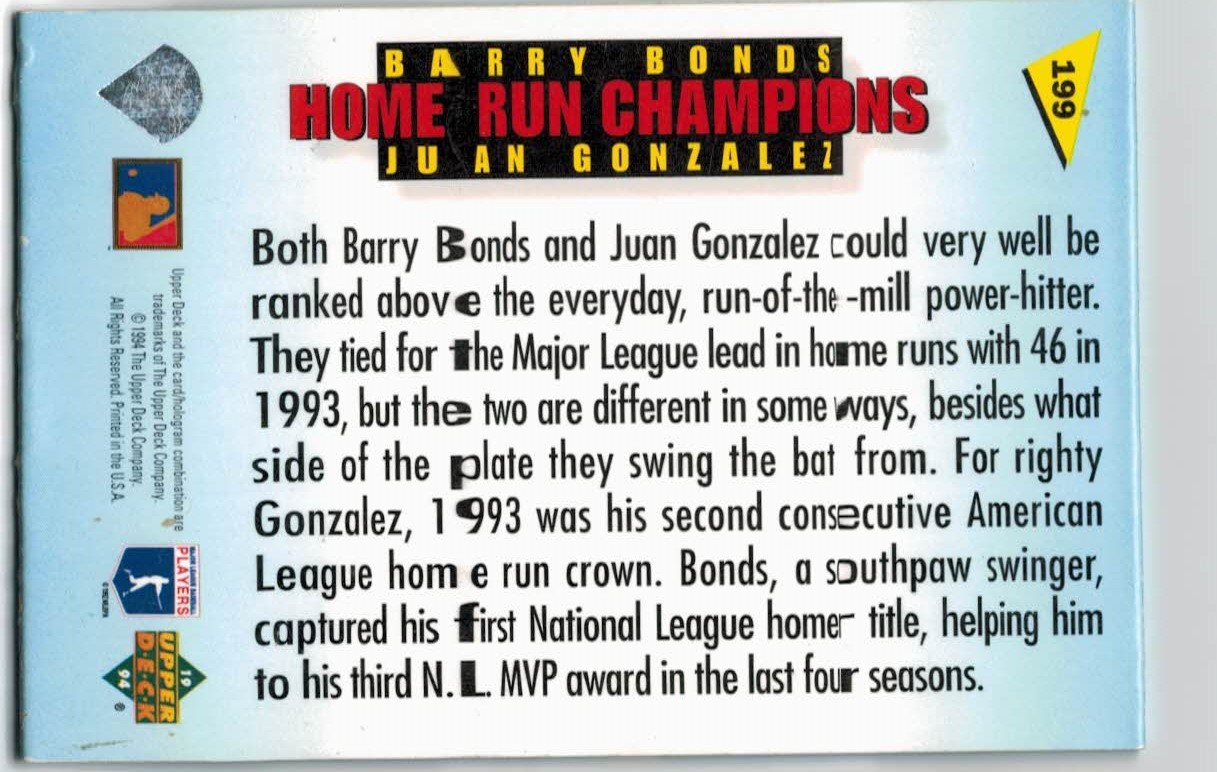 1994 Fun Pack #199 Barry Bonds HES/Juan Gonzalez back image