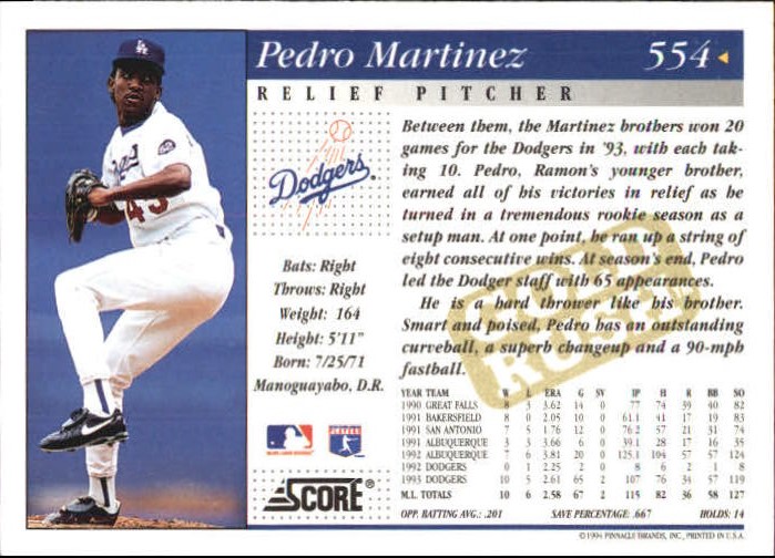 1994 Score Gold Rush #554 Pedro Martinez back image