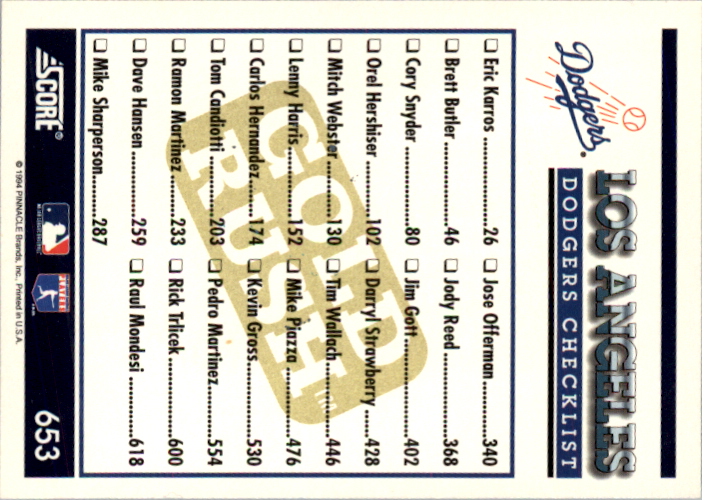 1994 Score Gold Rush #653 Checklist/Los Angeles Dodgers back image