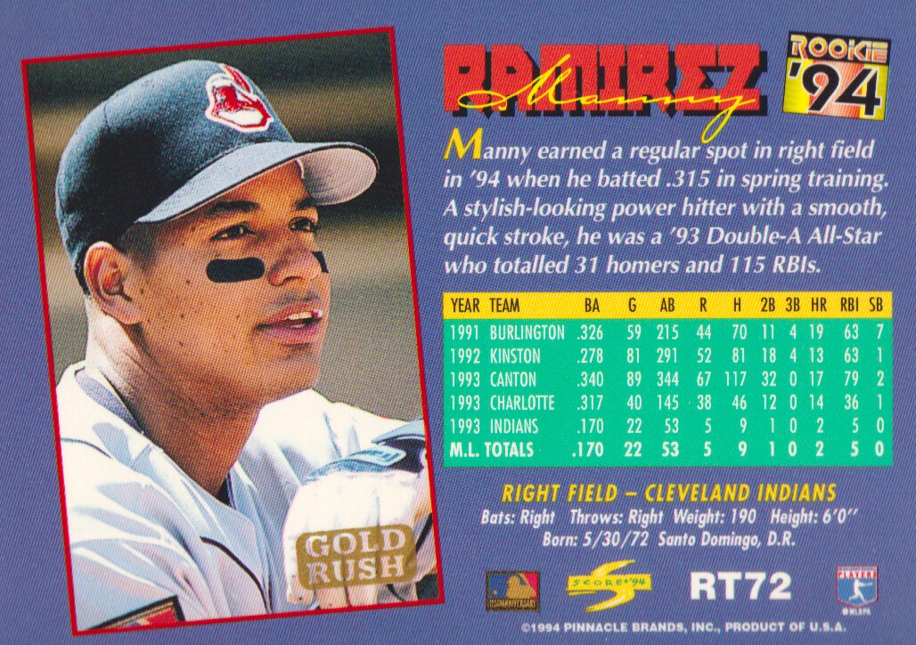 1994 Score Rookie/Traded Gold Rush #RT72 Manny Ramirez back image