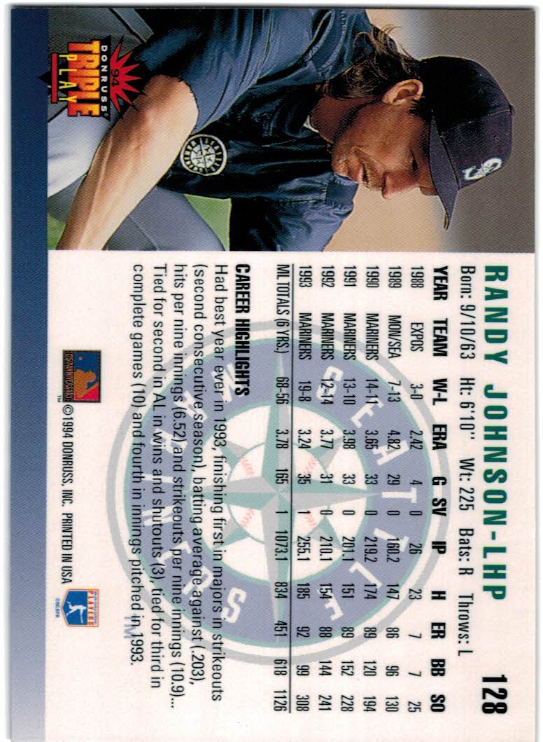 1994 Triple Play #128 Randy Johnson back image