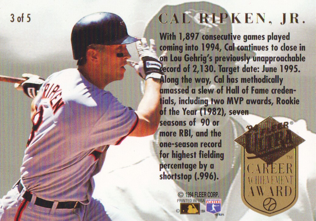 1994 Ultra Career Achievement #3 Cal Ripken back image