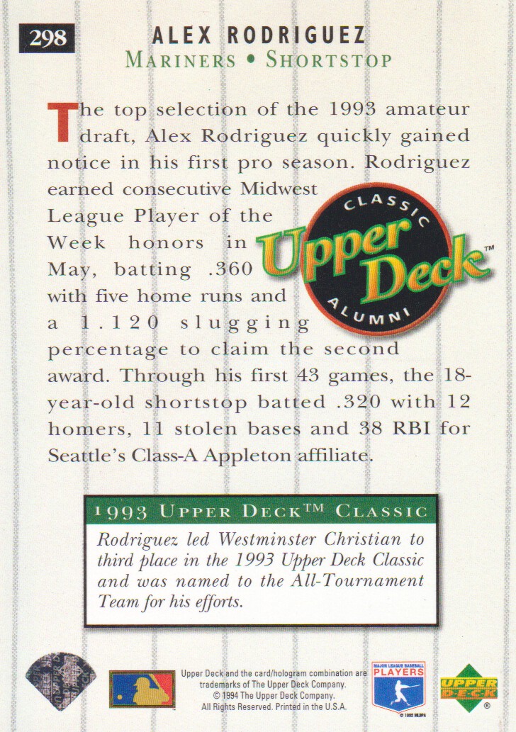 1994 Upper Deck #298 Alex Rodriguez UDCA back image