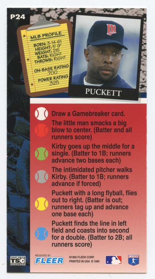1995 Fleer Extra Bases Game Test Samples #24 Kirby Puckett back image