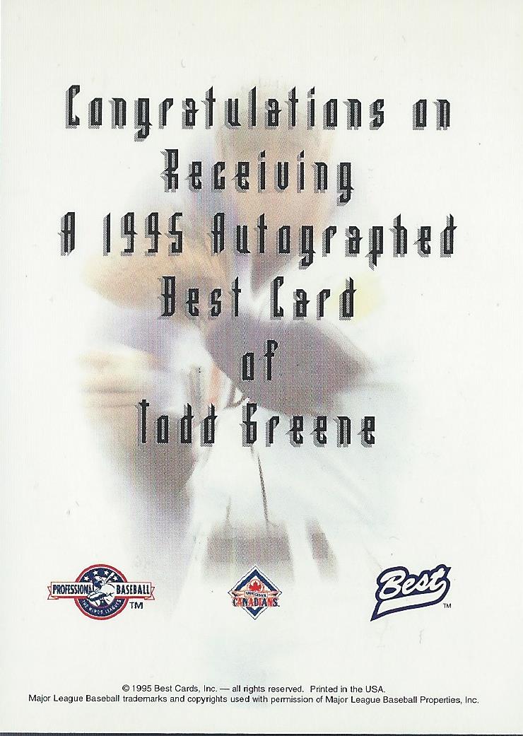 1995 Best Autographs #AU1 Todd Greene back image