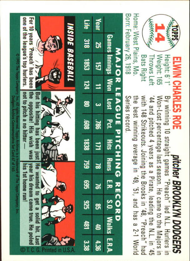 1995 Topps Archives Brooklyn Dodgers #67 Preacher Roe