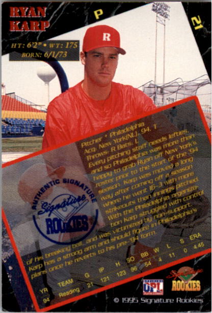 1995 Signature Rookies Old Judge Preview '95 Signatures #21 Ryan Karp back image
