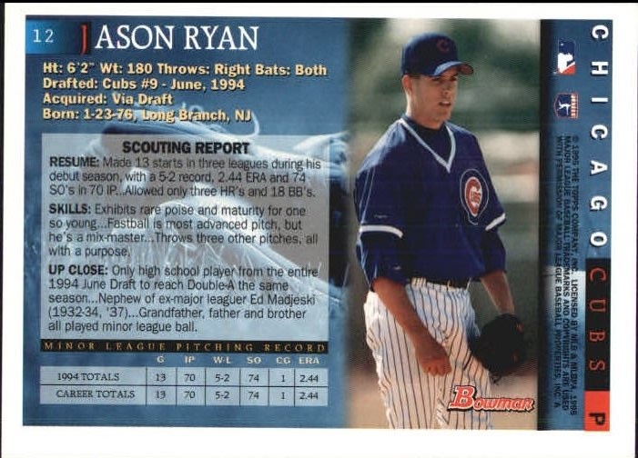 1995 Bowman #12 Jason Ryan RC back image