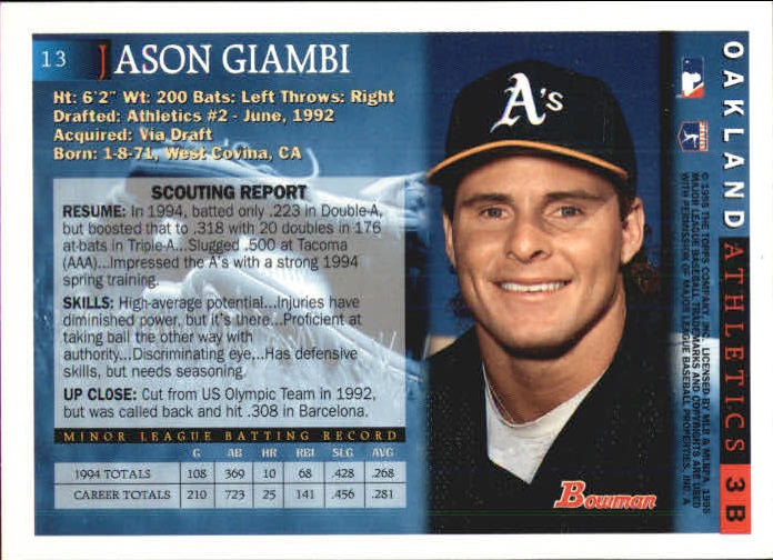 1995 Bowman #13 Jason Giambi back image