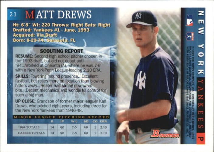 1995 Bowman #21 Matt Drews back image