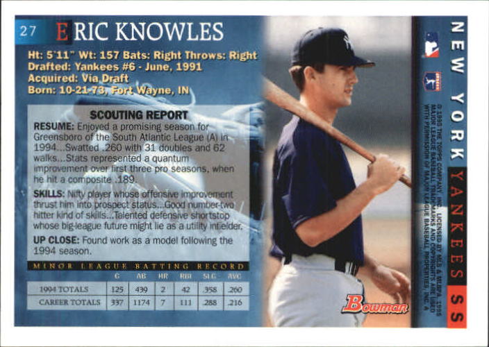 1995 Bowman #27 Eric Knowles RC back image