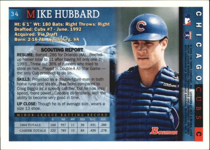 1995 Bowman #34 Mike Hubbard back image