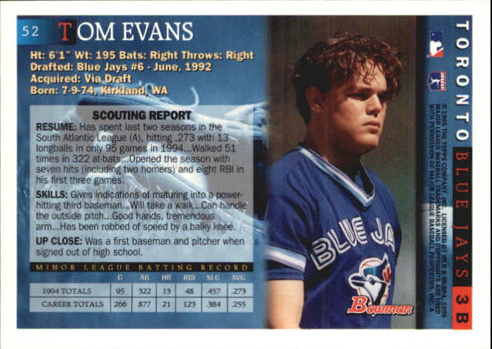 1995 Bowman #52 Tom Evans back image