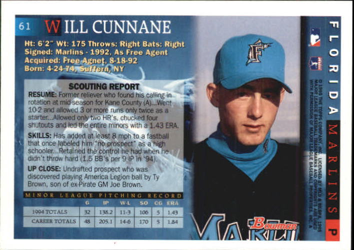 1995 Bowman #61 Will Cunnane RC back image