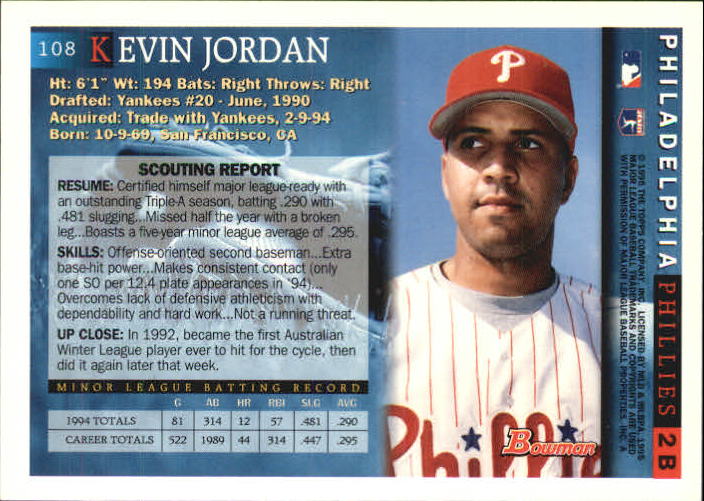 1995 Bowman #108 Kevin Jordan back image