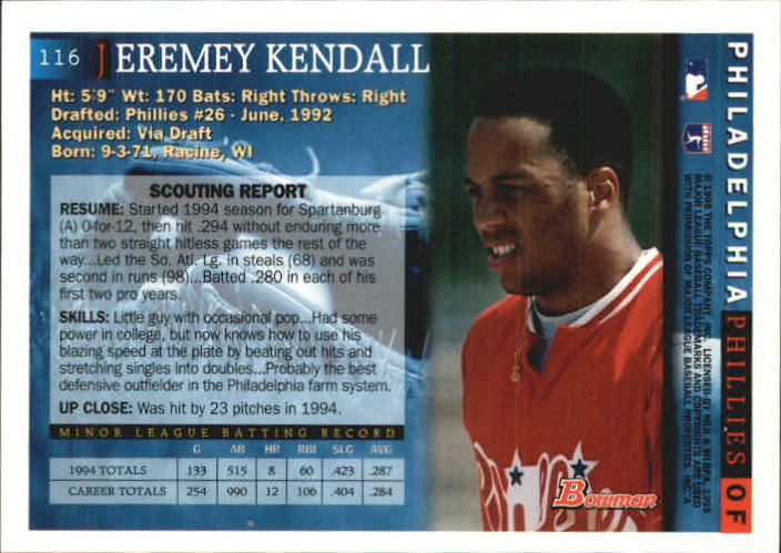 1995 Bowman #116 Jeremey Kendall RC back image