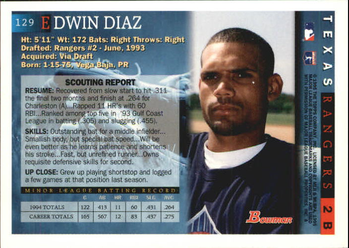 1995 Bowman #129 Edwin Diaz RC back image