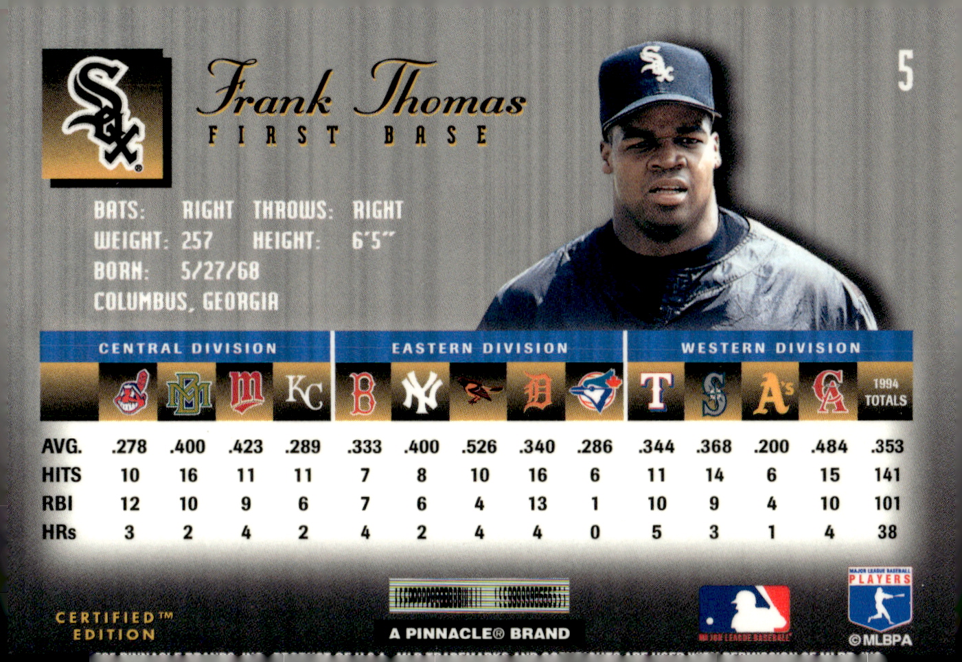 1995 Select Certified #5 Frank Thomas back image