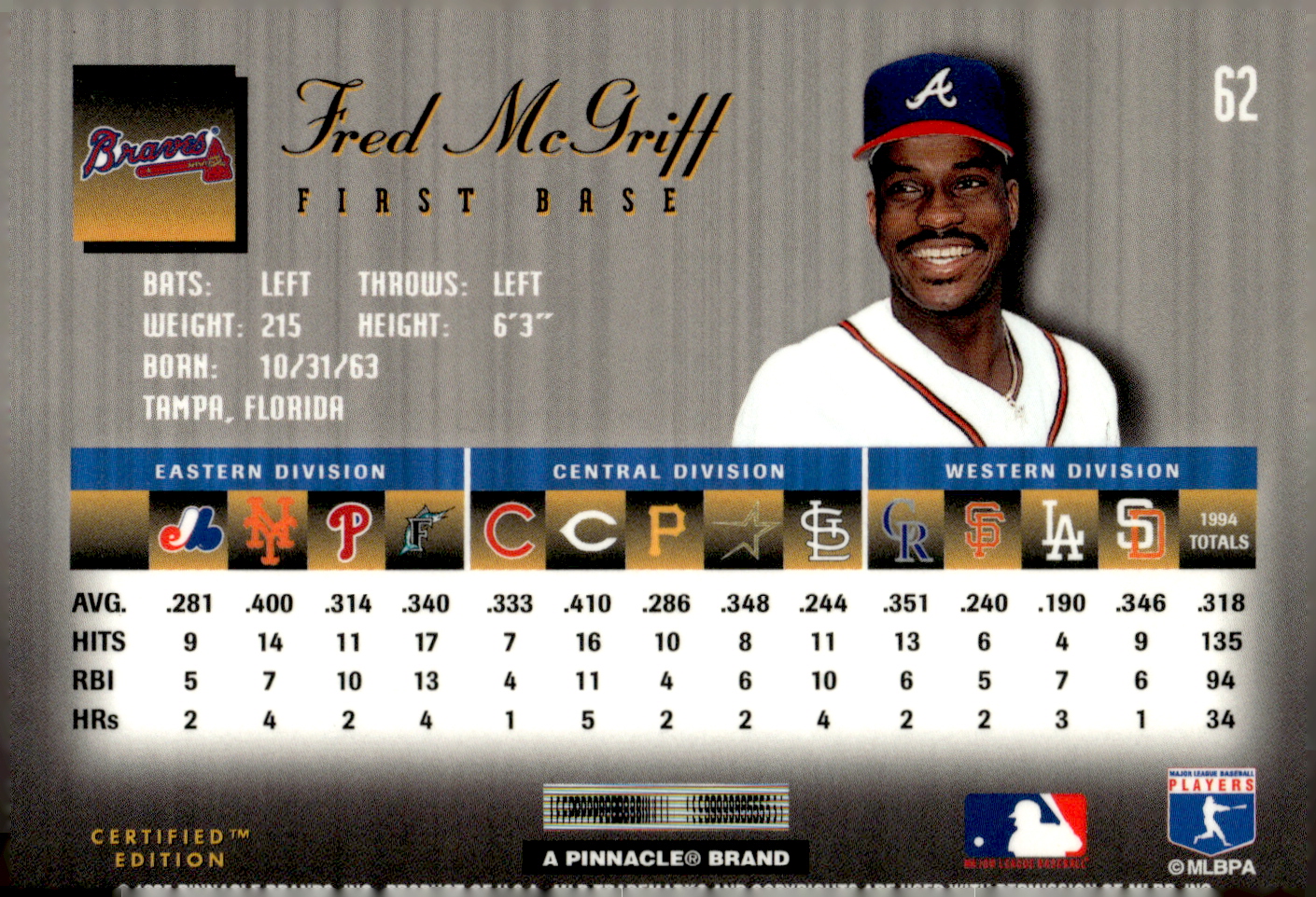 1995 Select Certified #62 Fred McGriff back image