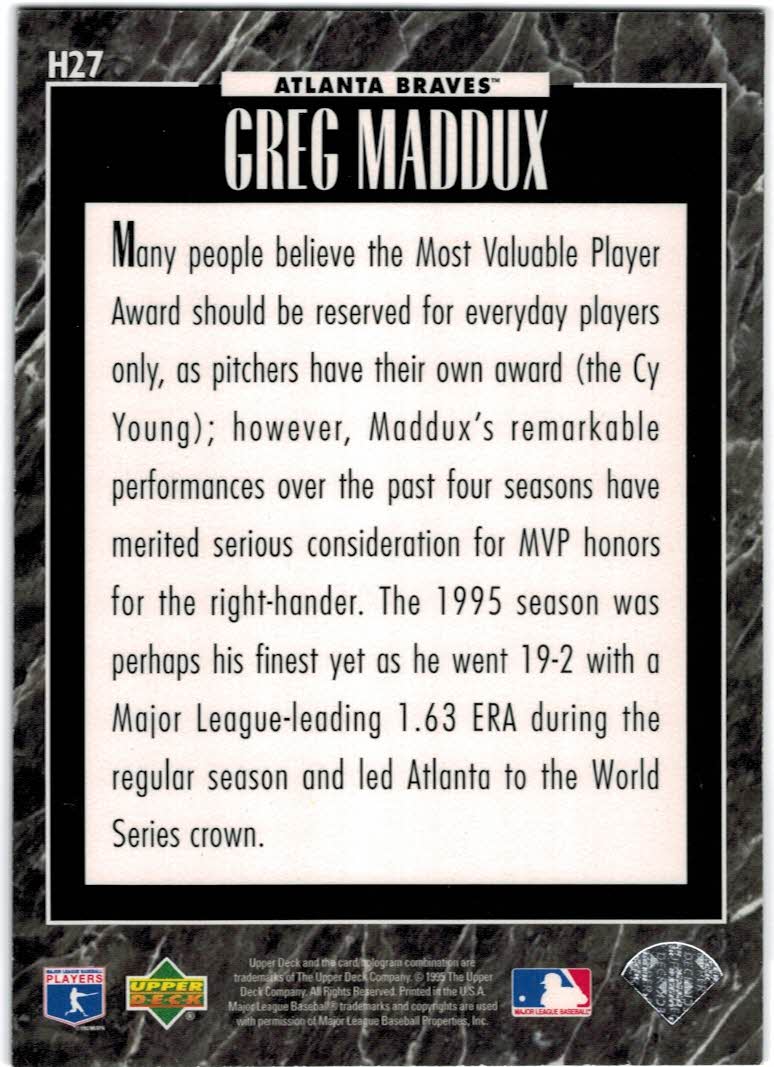 1995 Upper Deck Predictor Award Winners Exchange #H27 Greg Maddux back image