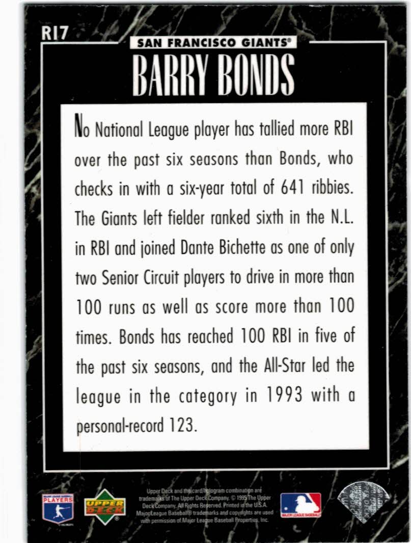 1995 Upper Deck Predictor League Leaders Exchange #R17 Barry Bonds back image