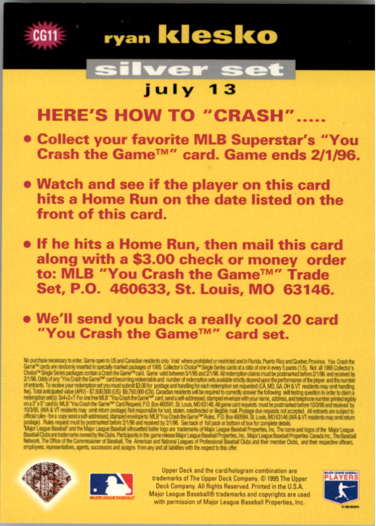 1995 Collector's Choice Crash the Game #CG11 Ryan Klesko back image
