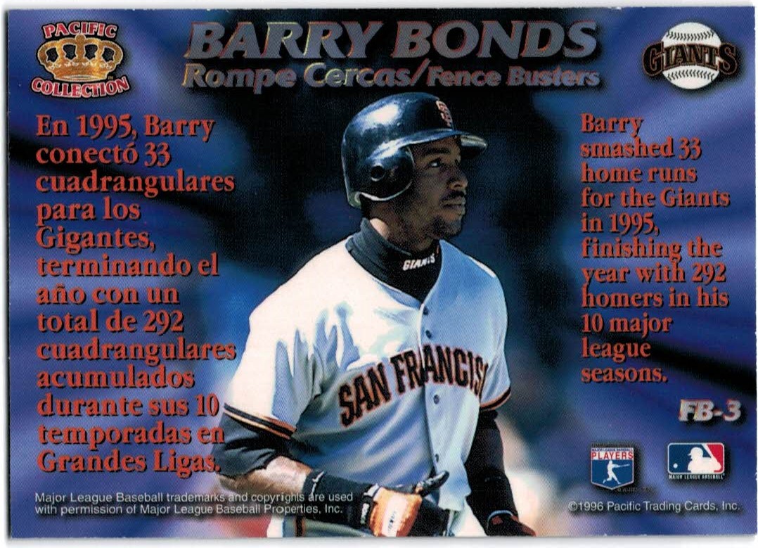 1996 Pacific Prisms Fence Busters #FB3 Barry Bonds back image