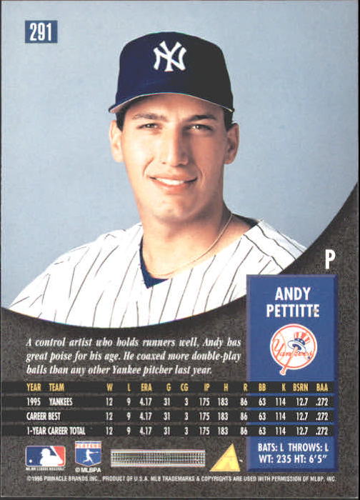 1996 Pinnacle #291 Andy Pettitte HH back image