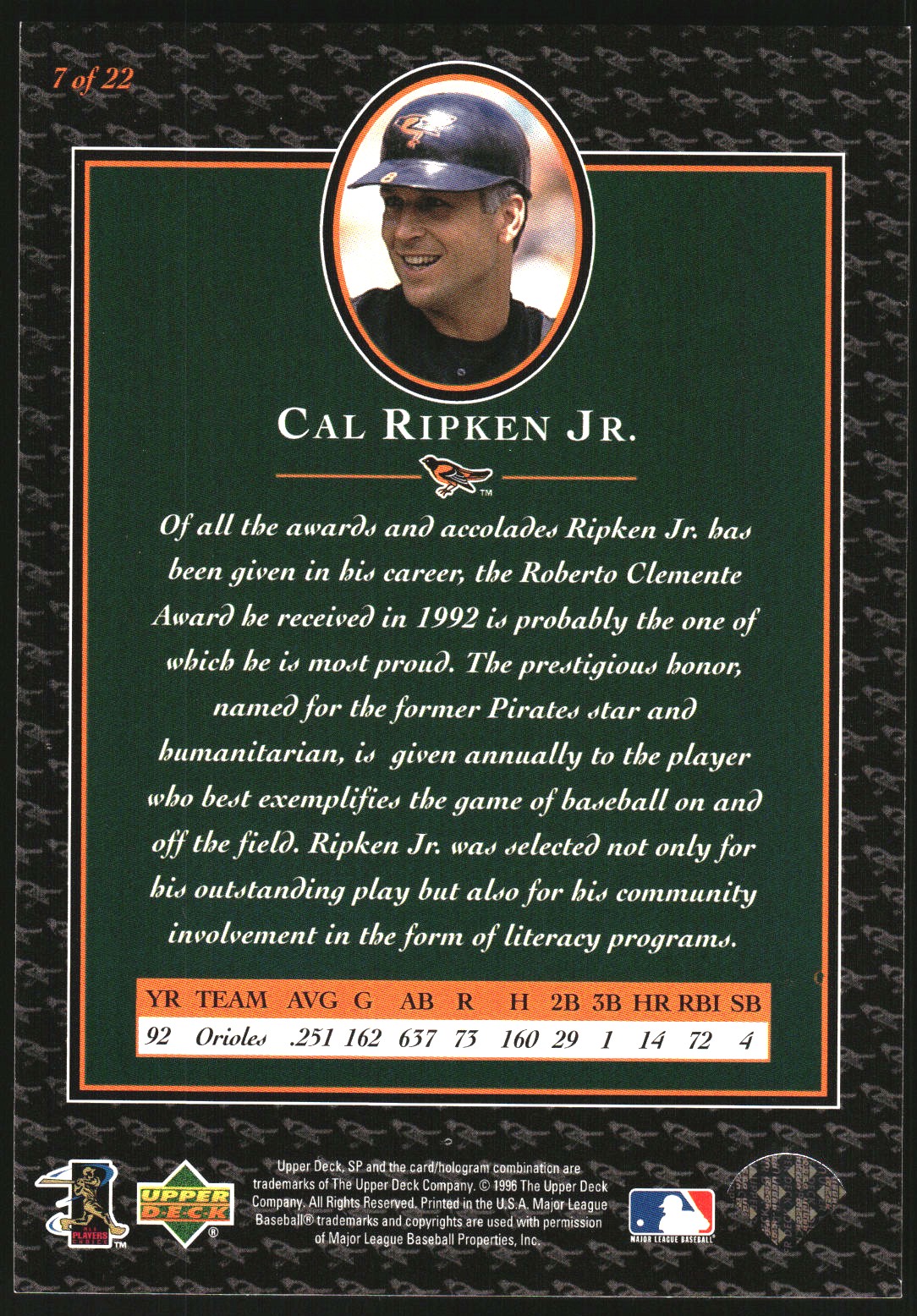 1996 Upper Deck Ripken Collection Jumbos #7 Cal Ripken UD/1992 Roberto Clemente Award back image