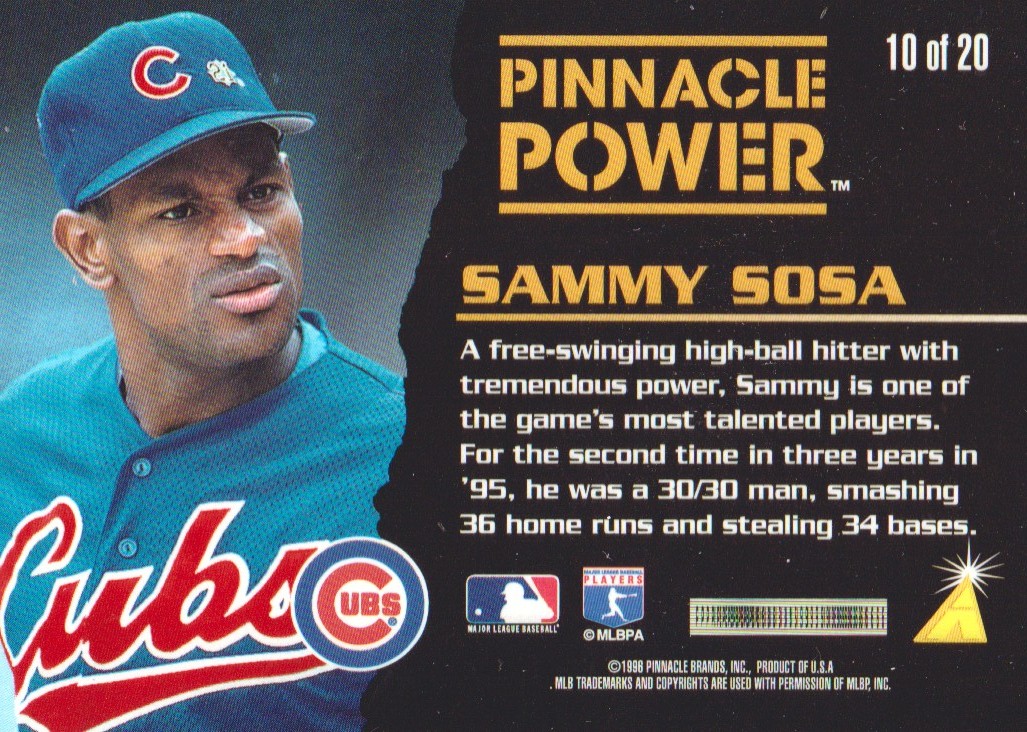1996 Pinnacle Power #10 Sammy Sosa back image