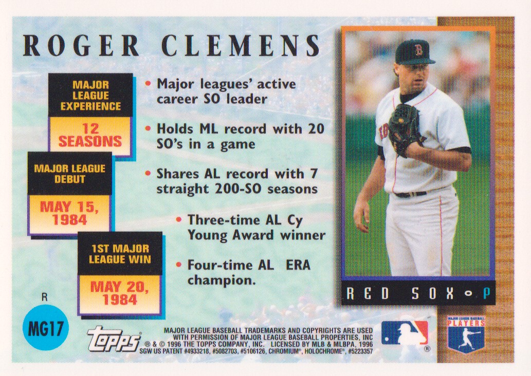 1996 Topps Chrome Masters of the Game Refractors #17 Roger Clemens back image