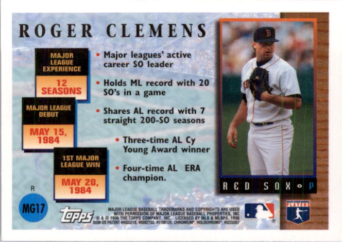1996 Topps Chrome Masters of the Game Refractors #17 Roger Clemens back image