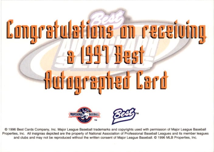 1997 Best Autographs Autograph Series #11 Ryan Dempster back image