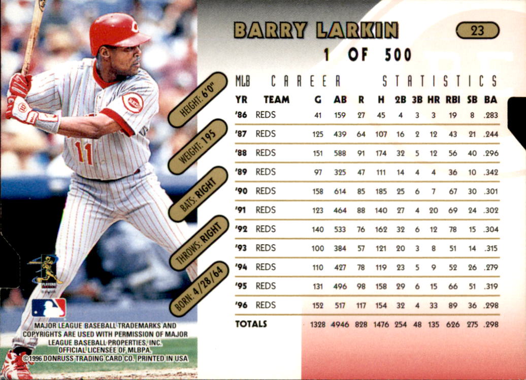 1997 Donruss Gold Press Proofs #23 Barry Larkin back image