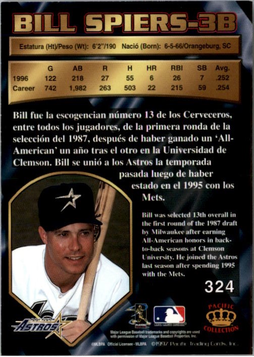 1997 Pacific Silver #324 Bill Spiers back image