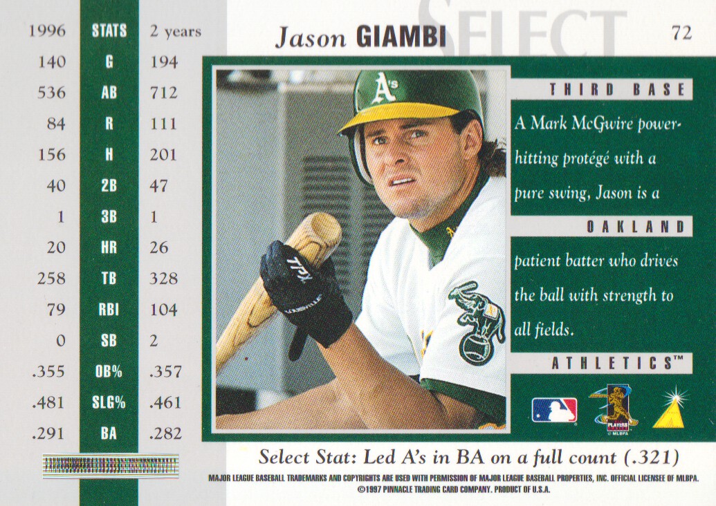 1997 Select Registered Gold #72 Jason Giambi R back image