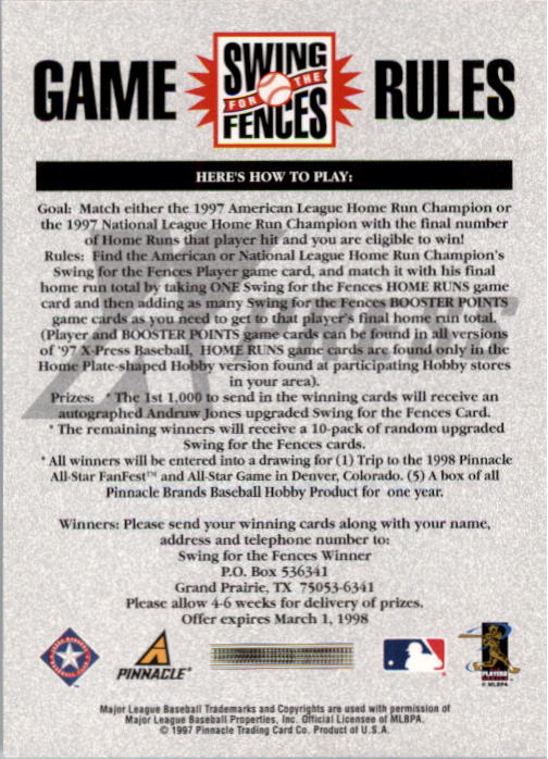 1997 Pinnacle X-Press Swing for the Fences #46 Dean Palmer back image