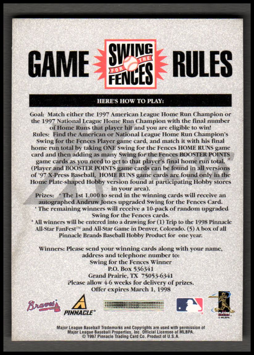 1997 Pinnacle X-Press Swing for the Fences #NNO A.Jones AU back image