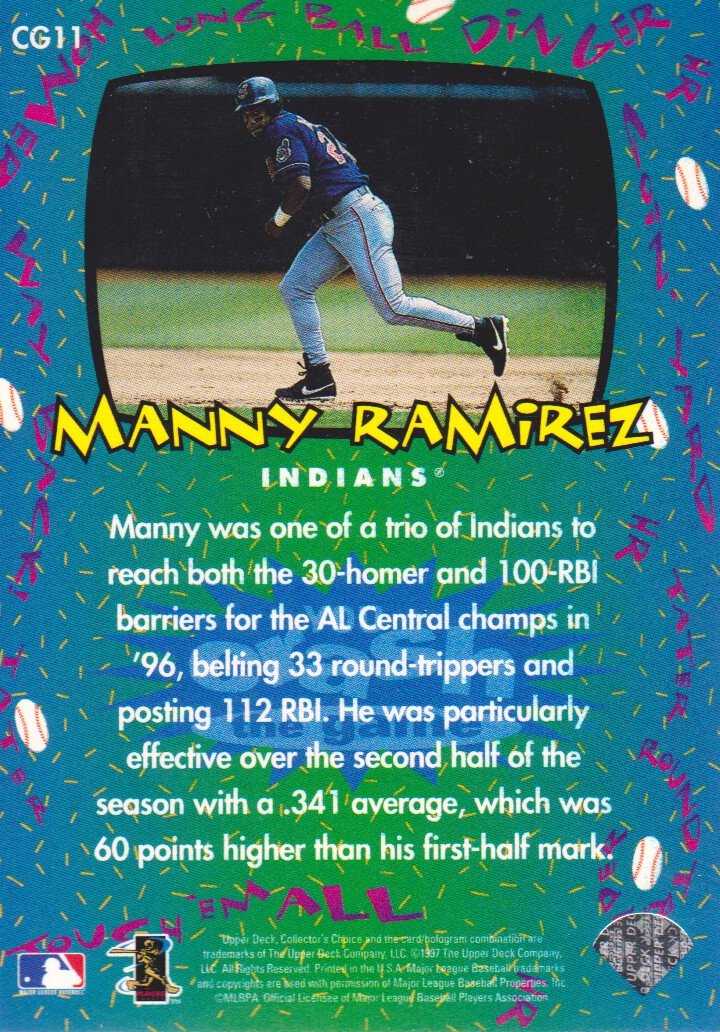 1997 Collector's Choice Crash the Game Exchange #CG11 Manny Ramirez back image
